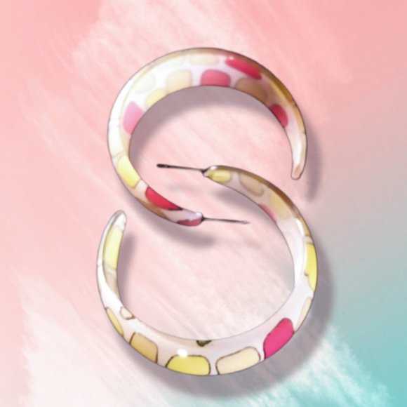 Multi Colored Yellow & Pink Acrylic Hoop Trending Earrings With White Background - Picture 9 of 16